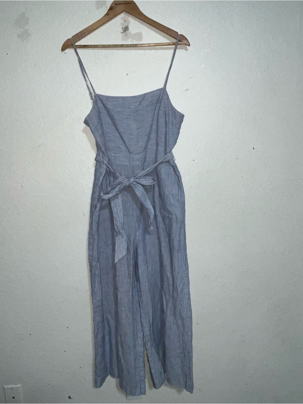 J. Crew Blue Pinstripe Linen Jumpsuit with Waist Tie